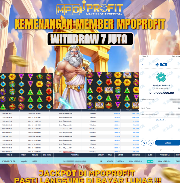 MPOPROFIT JACKPOT SLOT PRAGMATIC! KEMENANGAN MURNI DI (GATES OF OLYMPUS 1000 TOTAL RP 7.000.000,- LUNAS)